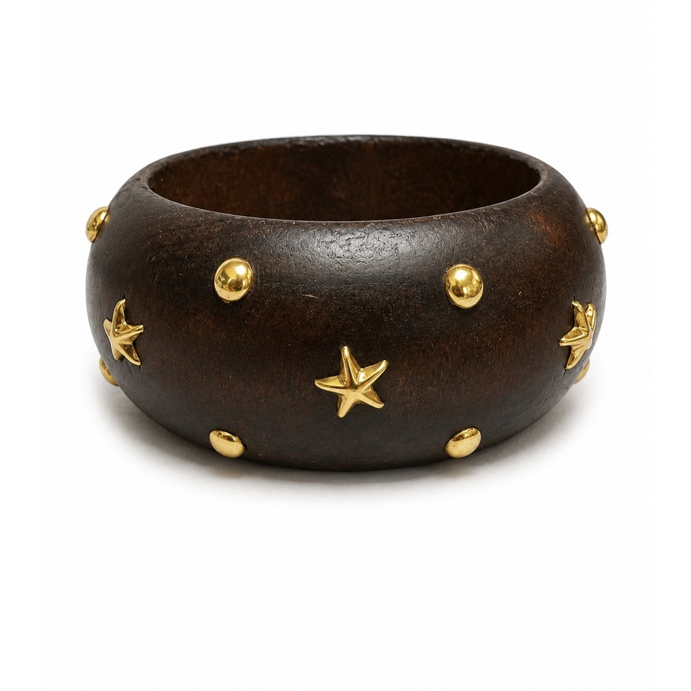 New Dark Brown Wooden Bangle Bracelet Gold Tone Star Studs Chunky Statement